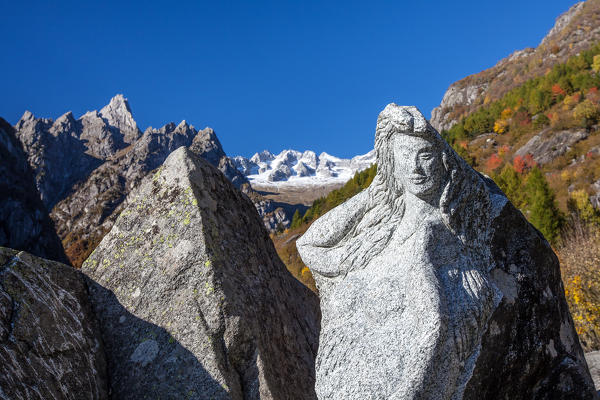 Granitic sculpture on the shores of the Masino creek, Valmasino.Valtellina Lombardy Italy Europe