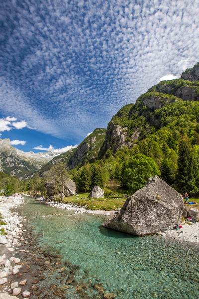 A creek in Val di Mello flowing in a summer day. Valmasino, Valtellina Lombardy, Italy Europe