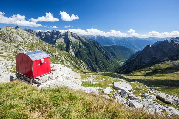 The camping Molteni Valsecchi in top Val del Ferro, with a top view of Valtellina, Val Masino. Lombardy Italy Europe