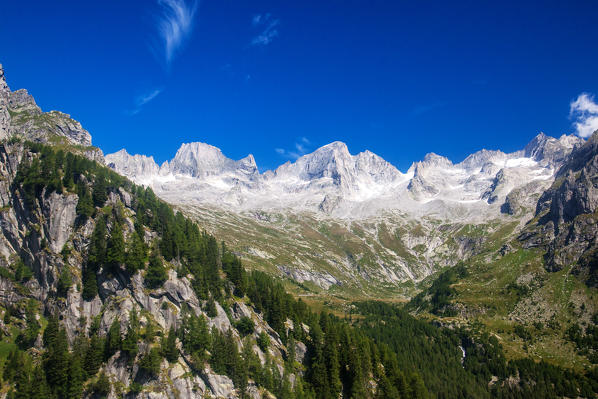 View of the peaks of Val Porcellizzo, including Pizzo Badile and Pizzo Cengalo. Valmasino, Valtellina Lombardy, Italy Europe