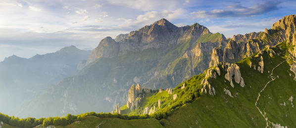 Misty sky over Rifugio Rosalba and Grigne group at sunset, aerial view, Lake Como, Lecco province, Lombardy, Italy