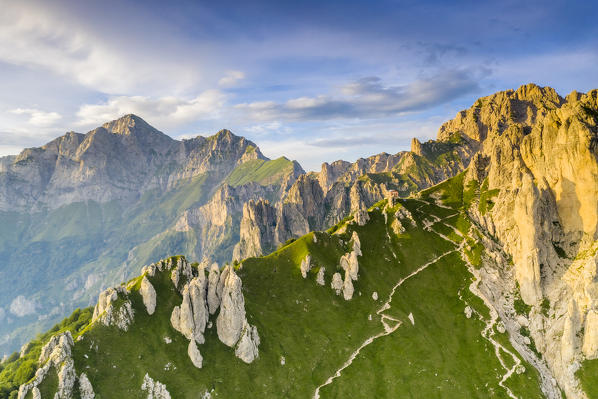 Aerial view of Rifugio Rosalba framed by rocks of Grignetta and Grignone mountains on background, Lake Como, Lombardy, Italy