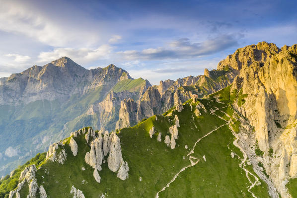 Aerial view of Rifugio Rosalba framed by rocks of Grignetta and Grignone mountains on background, Lake Como, Lombardy, Italy