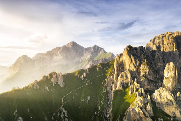 Mist over Rifugio Rosalba hut and Grignetta (Grigna Meridionale), aerial view, Lake Como, Lecco province, Lombardy, Italy