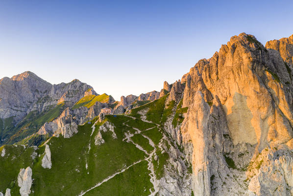 Aerial view of Rifugio Rosalba hut at feet of Grignetta (Grigna Meridionale), Lake Como, Lecco province, Lombardy, Italy