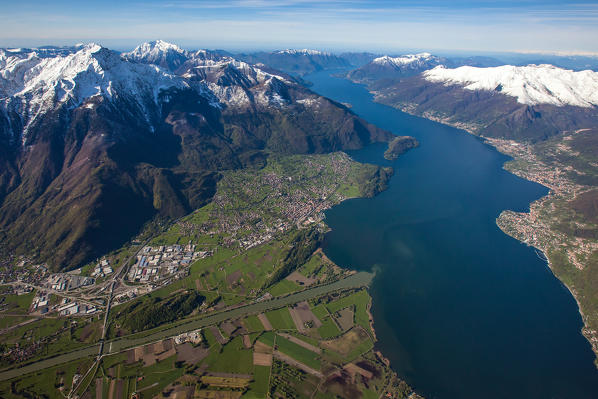 Aerial view of Como Lake in all its length, Mount Legnone and Adda river High Lario, Lombardy, Italy Europe


