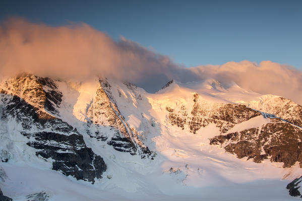 Dawn at Bellavista and at Pizzo Palù. Diavolezza Refuge,
Engadine,Canton of Graubunden, Switzerland Europe