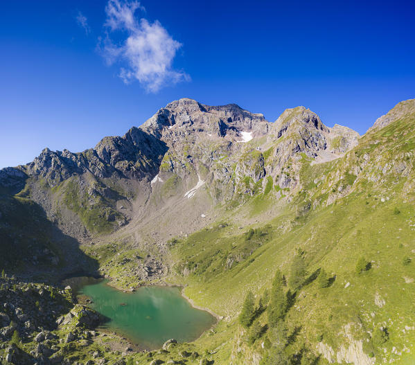 Aerial panoramic of Torena lakes and mountains in summer, Orobie Alps, Aprica, Val Belviso, Valtellina, Lombardy, Italy