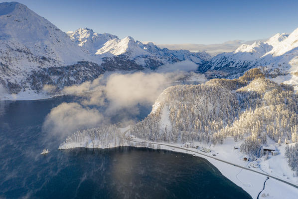 Road in the winter forest covered with snow on shores of Lake Sils and Plaun Da Lej, aerial view, Engadin, Switzerland