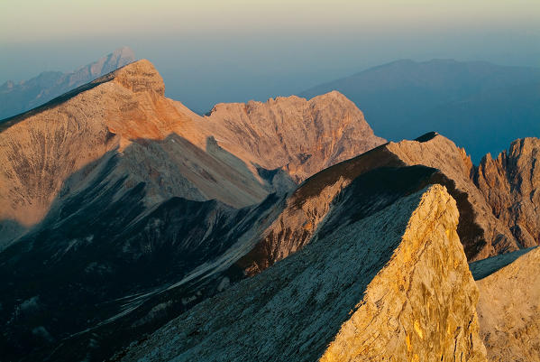 Foggy dawn from top of Croda del Becco. Natural parc Sennes-Braies, Trentino, Alto Adige/Veneto, Italy Europe