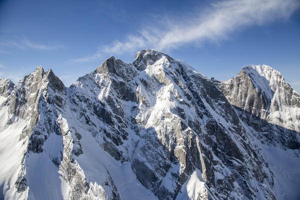 Aerial view of Pizzo Cengalo covered in snow. Val Bondasca, Val Bregaglia, Canton of Grisons, Switzerland Europe