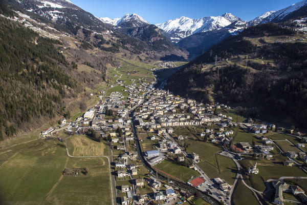 Aerial view of the area of Poschiavo. Poschiavo, Poschiavo Valley, Canton of Grisons Switzerland Europe