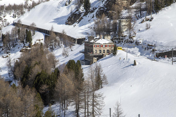 Aerial view of the Raethian Railway of Alp Grum. Bernina Pass, Poschiavo Valley, Canton of Grisons Switzerland Europe