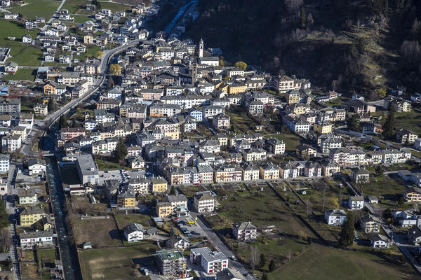 Aerial view of the old town of Poschiavo. Poschiavo Valley, Canton of Grisons Switzerland Europe