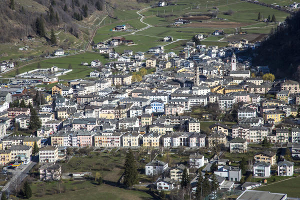 Aerial view of the old town of Poschiavo. Poschiavo Valley, Canton of Grisons Switzerland Europe