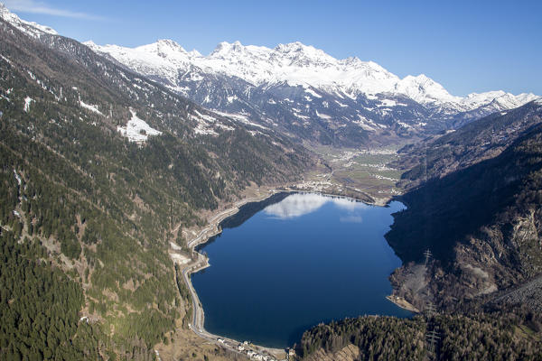 Aerial view of lake of Poschiavo in winter. Poschiavo Valley, Canton of Grisons Switzerland Europe