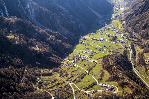 Aerial view of low Poschiavo Valley with its green fields. Poschiavo Valley, Canton of Grisons Switzerland Europe