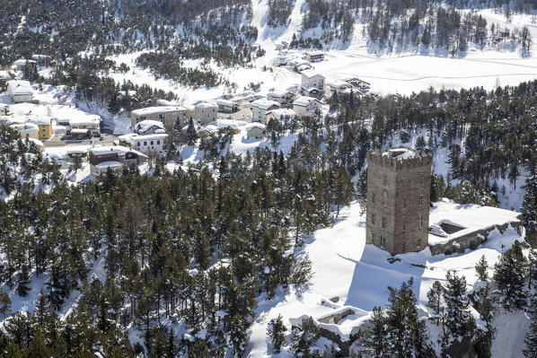 Aerial view of Belvedere tower and the houses of Maloja. Maloja Pass, Engadine, Canton of Grisons Switzerland Europe