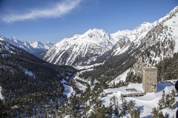Aerial view of Belvedere tower and Bregaglia Valley. Maloja Pass, Engadine, Canton of Grisons Switzerland Europe
