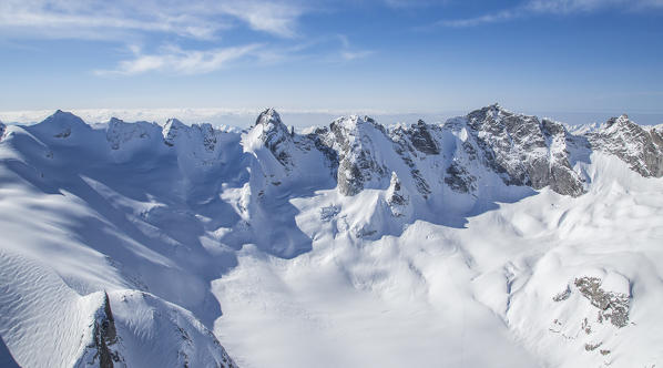 Aerial view of Pizzi Torrone and part of Forno glacier. Forno valley, Engadine, Canton of Grisons, Switzerland Europe