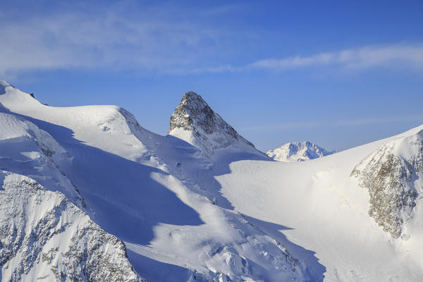 Aerial view of Cresta Guzza in winter. Engadine, Canton of Grisons, Switzerland Europe