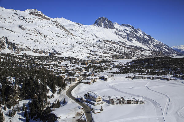 Aerial view of Maloja Pass in winter. Engadine, Canton of  Grisons, Switzerland Europe