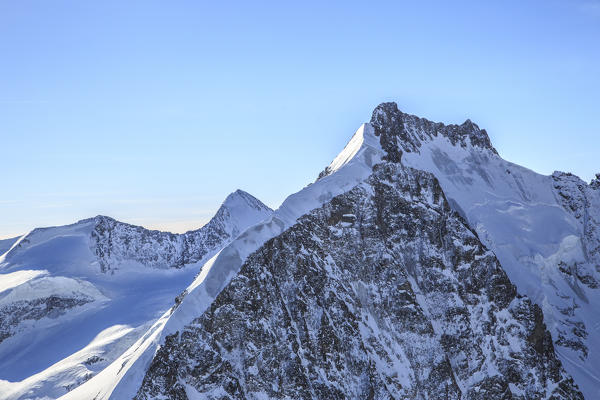 Aerial view of the north side of Piz Bernina in winter, Engadine, Canton of  Grisons, Switzerland Europe