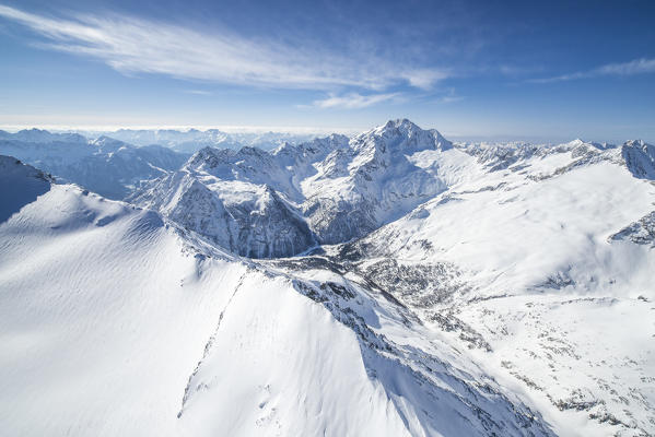 Aerial view of Mount Disgrazia, Peak Sella, Sassa di Fora and Muretto valley in close-up. Engadine, Canton of Grisons Switzerland Europe