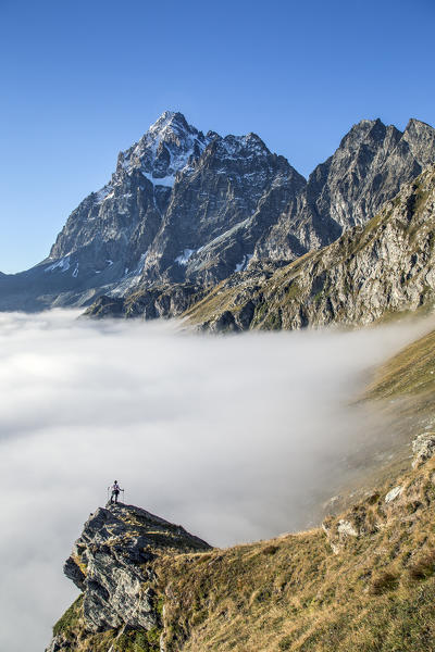 Hiker admires the rocky peak of Monviso. Cozian Alps, Piedmont, Italy Europe