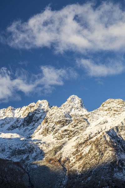 Pizzo Rachele covered in snow by an autumn snowfall. Valmalenco, Valtellina, Lombardy, Italy Europe