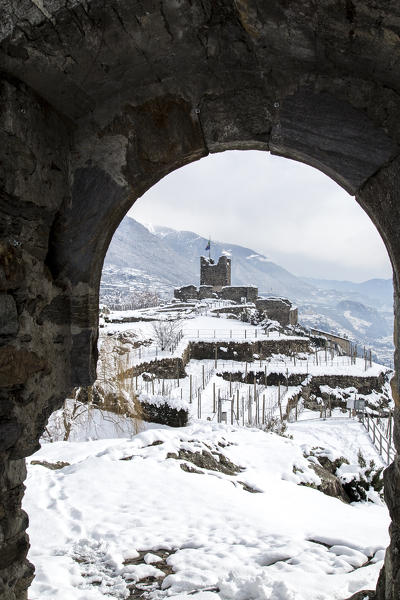 View of the east tower of Castel Grumello from the west tower. Montagna in Valtellina, Valtellina, Lombardy, Italy Europe