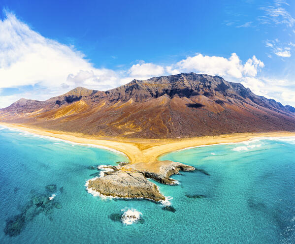 Aerial view of El Islote and Pico De La Zarza highest mountain of Fuerteventura, Cofete Beach, Jandia, Canary Islands, Spain