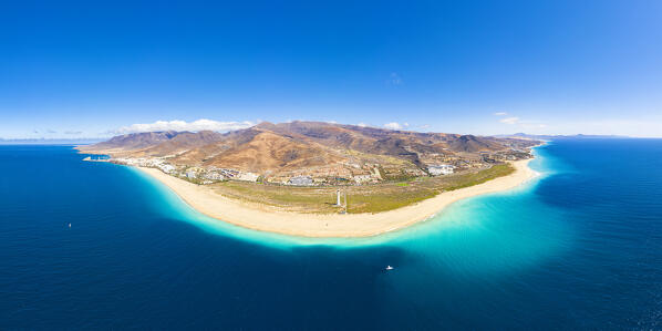 Sand beach of Morro Jable seaside town, Costa Calma and Jandia by the ocean, aerial view, Fuerteventura,  Canary Islands, Spain