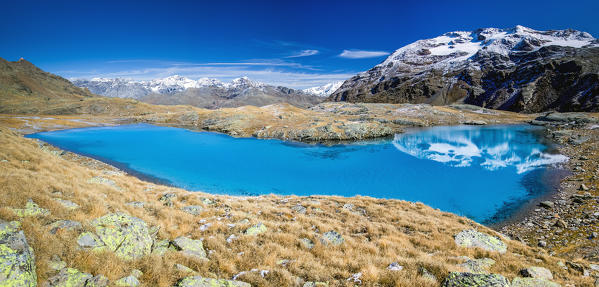 One of Bei Laghetti with turquoise water. Val Sobretta, Valfurva, Valtellina, Lombardy, Italy Europe