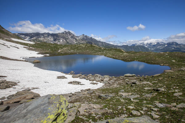 View of Lago Bianco at Pian dei Cavalli. Campodolcino, Vallespluga, Valchiavenna, Lombardy, Italy Europe