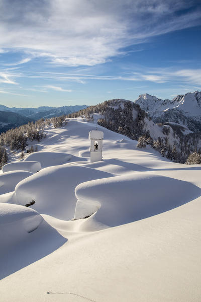 Alpe Scima under a thick layer of snow. Valchiavenna, Valtellina Lombardy Italy Europe