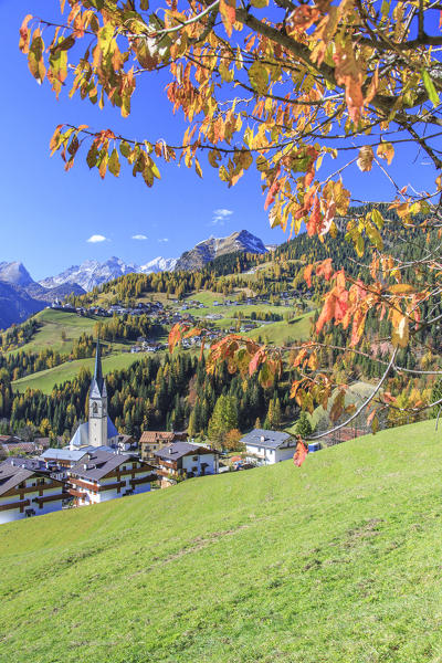 Colorful leaves of cherry frame the villages of Selva of Cadore and Saint Lucia hill in autumn. Dolomites. Veneto. Italy. Europe