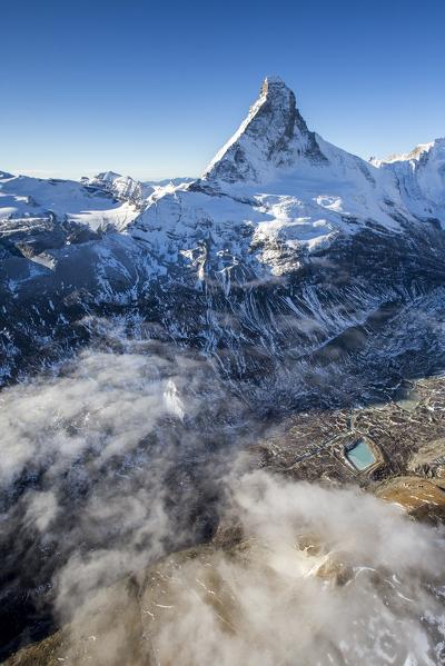 Aerial view of the Matterhorn with a reservoir in the foreground. Zermatt. Switzerland. Europe 