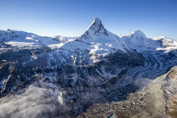 Aerial view of Zmuttglatscher surrounding Matterhorn. Zermatt. Switzerland. Europe 