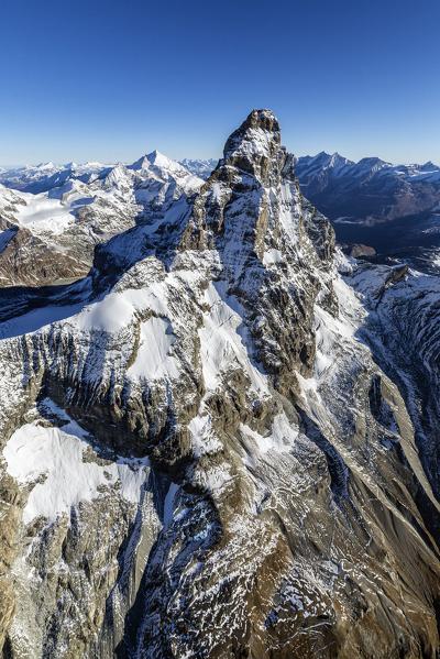 Aerial view of the snowy Matterhorn. Zermatt. Switzerland. Europe