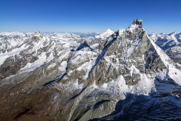 Aerial view of the rocky crest of Matterhorn Zermatt canton of Valais Switzerland Europe