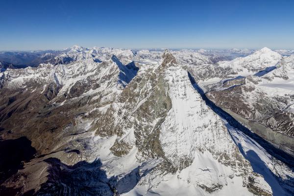 Photo of the Matterhorn from the helicopter from the border Italy Switzerland. Zermatt. Europe
