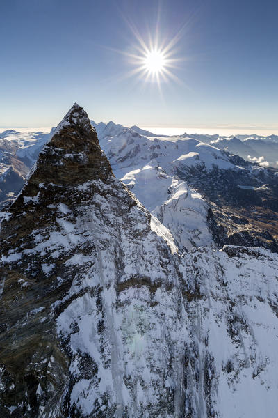 Aerial view of the rocky crest of Matterhorn Zermatt canton of Valais Switzerland Europe