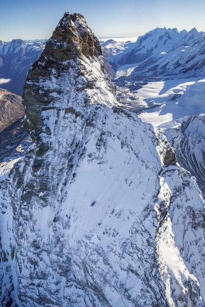 Unusual aerial view of the snowy Matterhorn. Zermatt. Switzerland. Europe