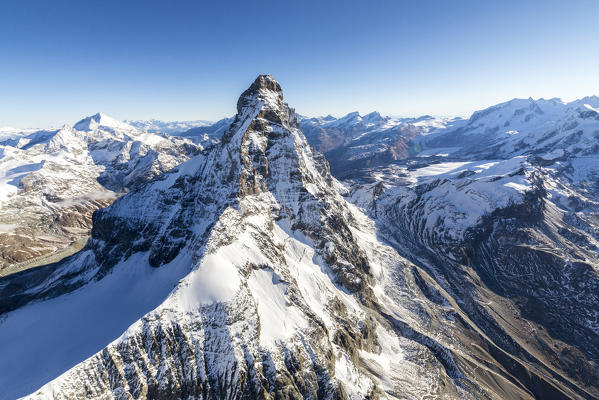 Aerial view of Cresta del Leone towards the peak of Matterhorn Zermatt canton of Valais Switzerland Europe