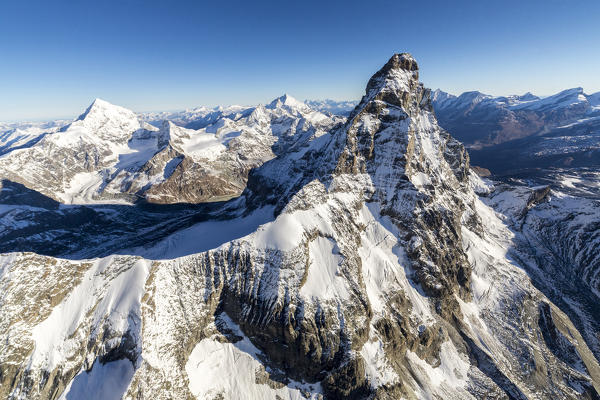 Aerial view of Cresta del Leone towards the peak of Matterhorn Zermatt canton of Valais Switzerland Europe