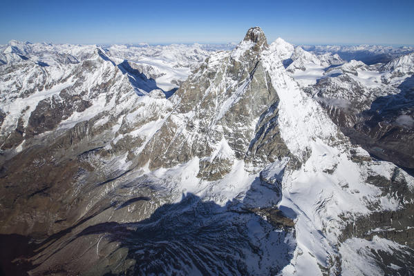 Aerial view of the snowy peak of Matterhorn in autumn Zermatt canton of Valais Switzerland Europe