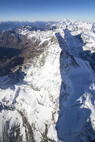 Aerial view of the snowy peak of Matterhorn in autumn Zermatt canton of Valais Switzerland Europe
