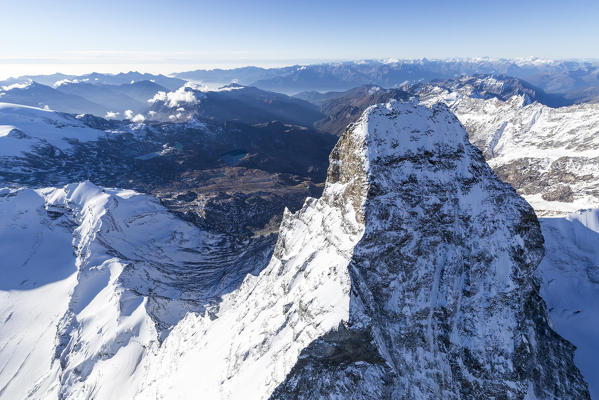 Aerial view of the snowy peak of Matterhorn and Valtournenche Zermatt canton of Valais Switzerland Europe