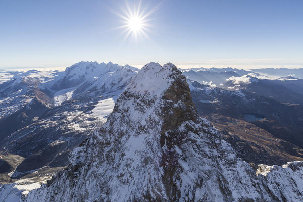 Aerial view of the snowy peak of Matterhorn in autumn Zermatt canton of Valais Switzerland Europe